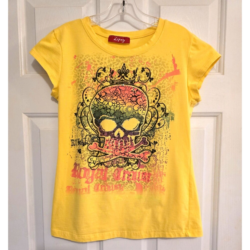 Lipsy London Graphic TShirt Royal Couture XS Edgy Grunge Skull Floral Crown Tee